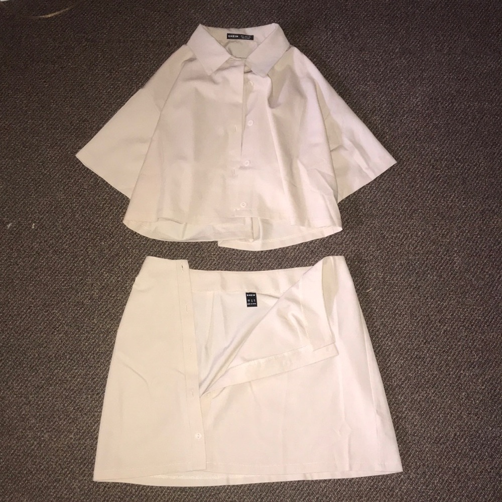 matching button up skirt and collared shirt set